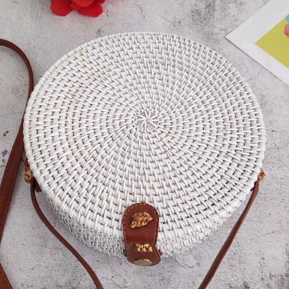 Handwoven Round Rattan Straw Bag for Women Shoulder Leather Button Straps Natura - Picture 6 of 6